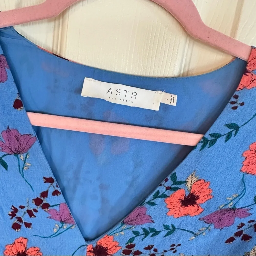 EU ASTR Ruffle Front Blue Floral Long Sleeve Mini Dress - Picture 9 of 12